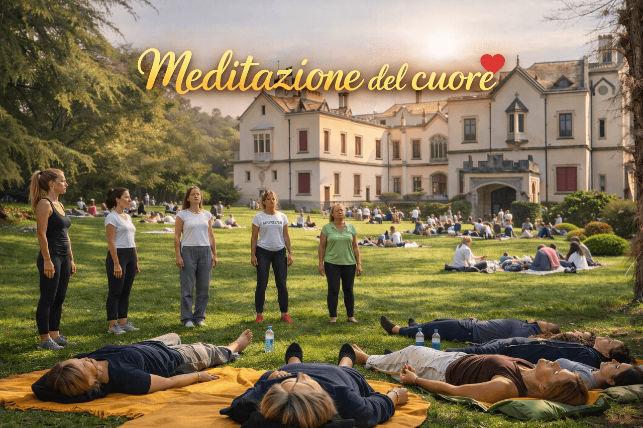 In un parco antistante una villa, alcune persone praticano la meditazione, altre in piedi e altre sdraiate su dei tappetini sull'erba.