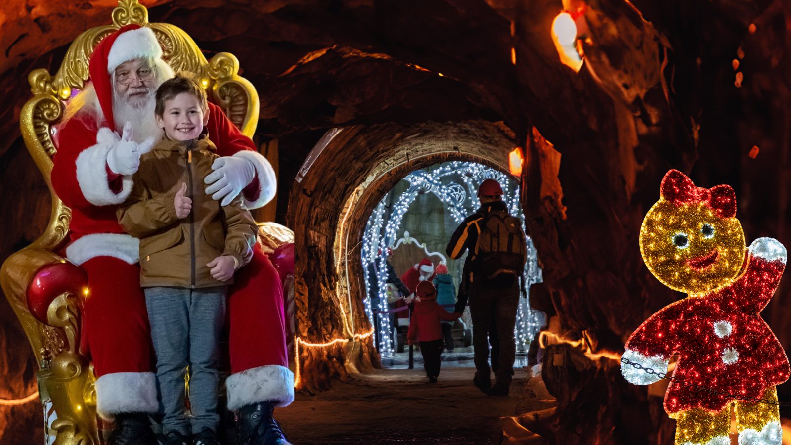 Bambino con Babbo Natale sul trono nella Grotta sotterranea di Ornavasso