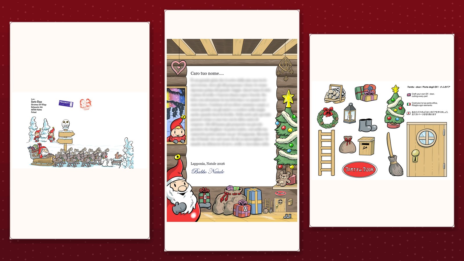 Kit Lettera di Babbo Natale 2026: busta originale dalla Lapponia, carta intestata da collezione e porta elfica da ritagliare