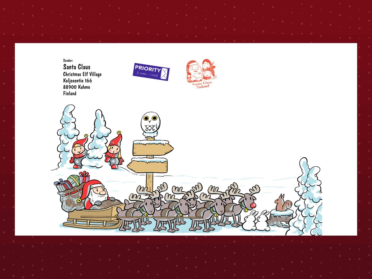 Busta illustrata della Lettera di Babbo Natale con francobolli e timbri originali dalla Finlandia